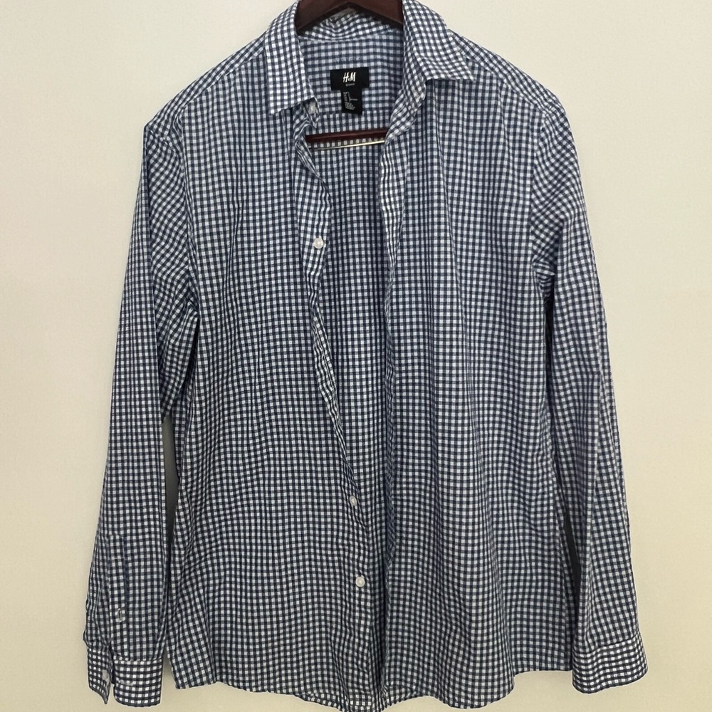 H&M slim Blue & White Gingham Shirt Men's Large